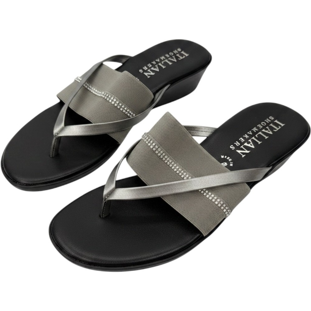 Italian Shoemakers Wedge Sandals Rhinestone Thong Slide Shoes 8M Silver Italy